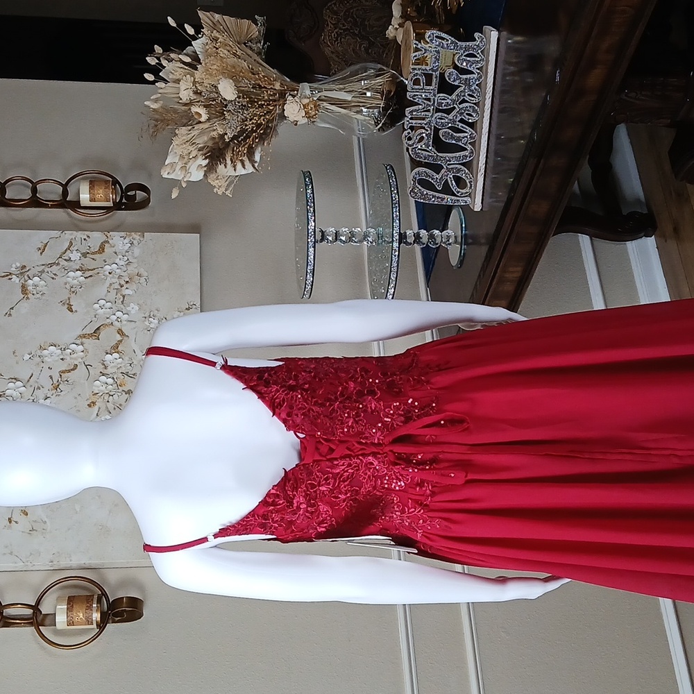 New Red A-line Formal Embellished Floral Embroidered Floor-Length Gown. Medium - Picture 11 of 17